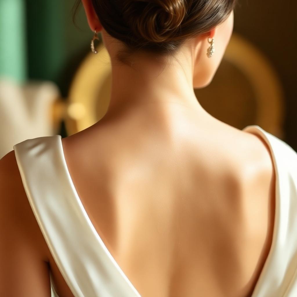 Woman with clear smooth back in cream silk dress against emerald and gold backdrop