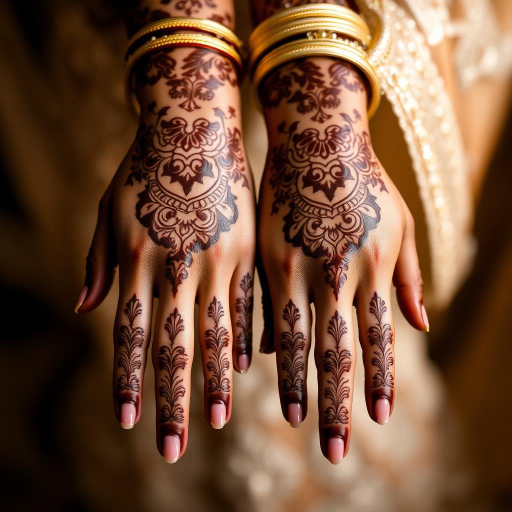 Detailed Swahili bridal henna designs on hands with gold bangles
