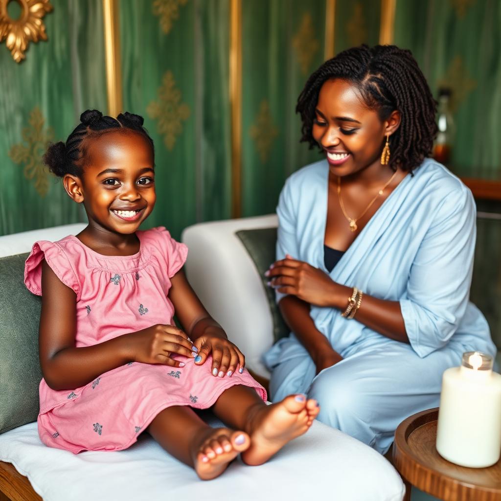 Happy African mother and daughter enjoying a kids-friendly pedicure at a Mombasa spa