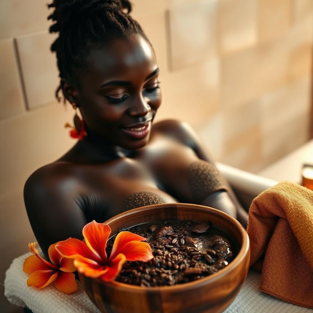 Radiant Black African woman receiving a coffee and hibiscus body polish before Eid in Mombasa