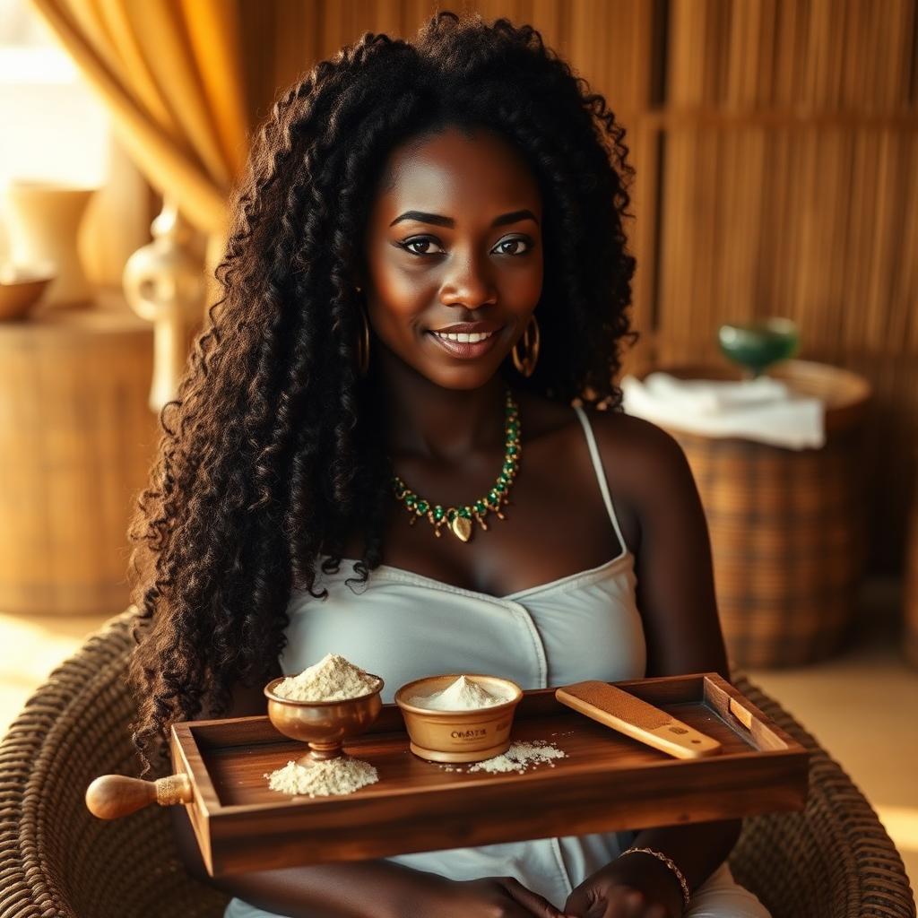 Black African woman with long natural coily hair sitting in a Mombasa hair spa, chebe powder and shea butter on a wooden tray beside her