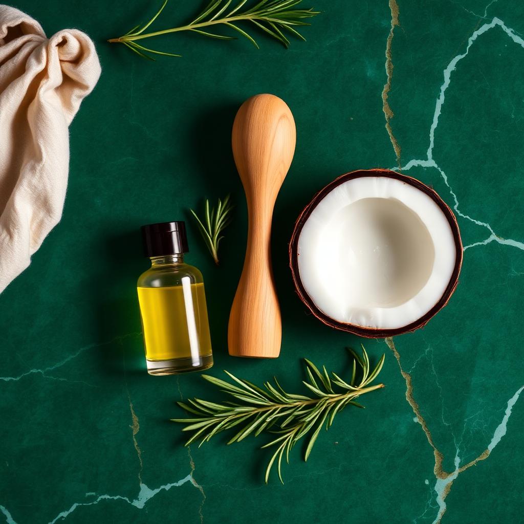 Flatlay of scalp care tools: wooden scalp massager, coconut oil and rosemary on emerald marble