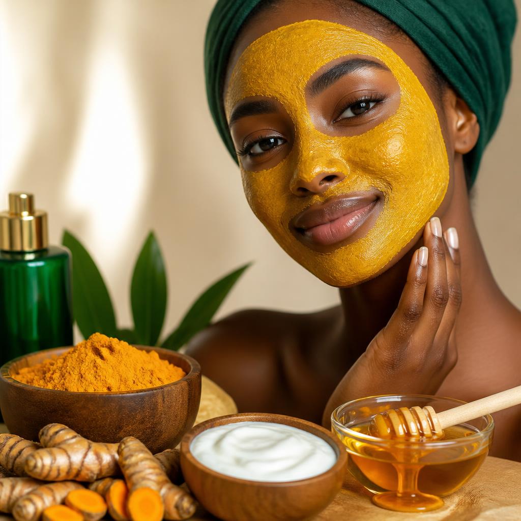 Young African woman wearing a golden turmeric face mask with fresh turmeric roots and honey