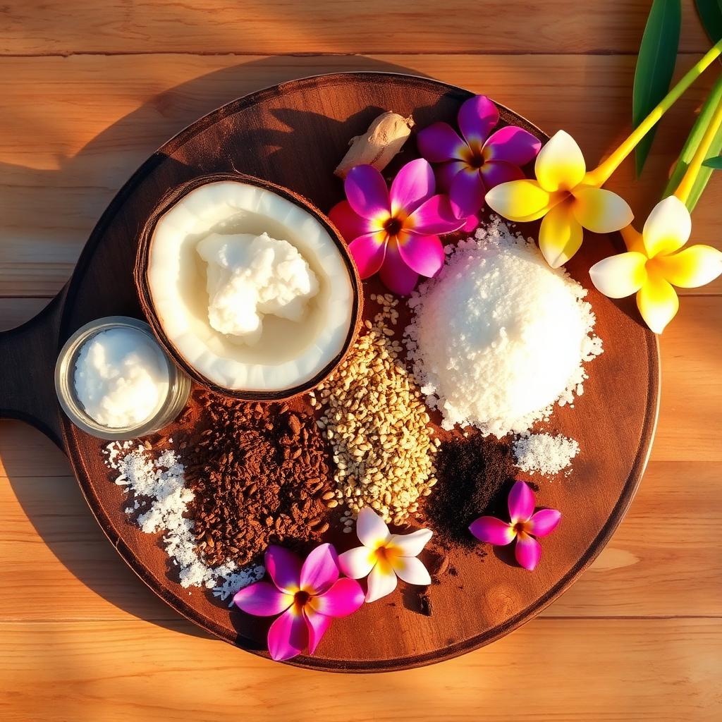 Overhead flatlay of coconut, sea salt, coffee and flowers on a wooden board