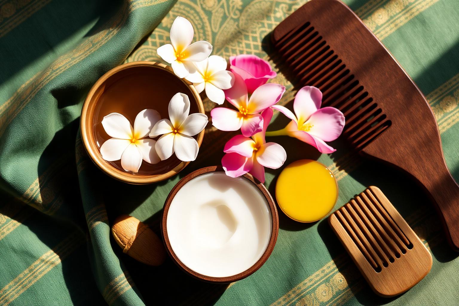 Swahili self-care ritual flatlay with jasmine and coconut oil
