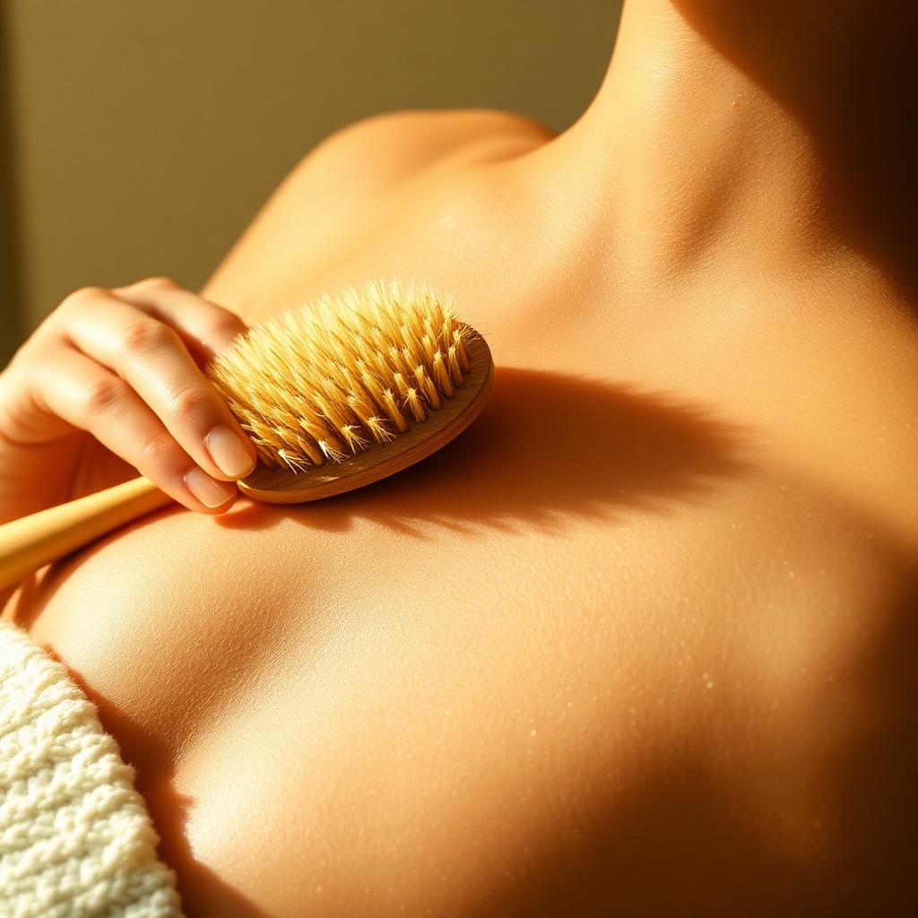 Natural bristle body brush being used on smooth skin in warm morning light