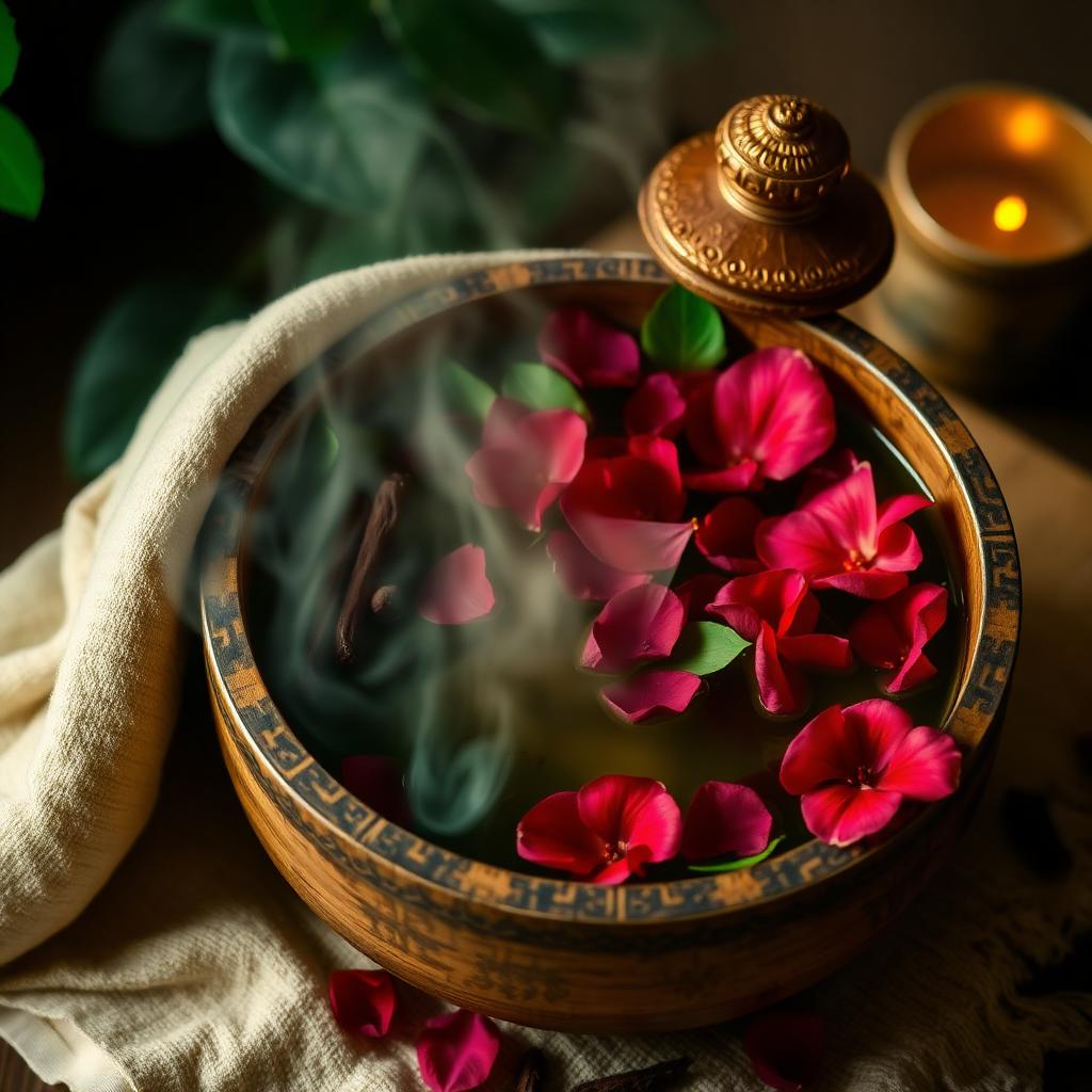 Traditional wooden herbal steam bowl with rose petals and cloves rising with fragrant steam