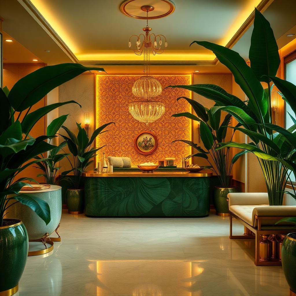 Elegant spa reception with tropical plants, brass details and emerald green counter