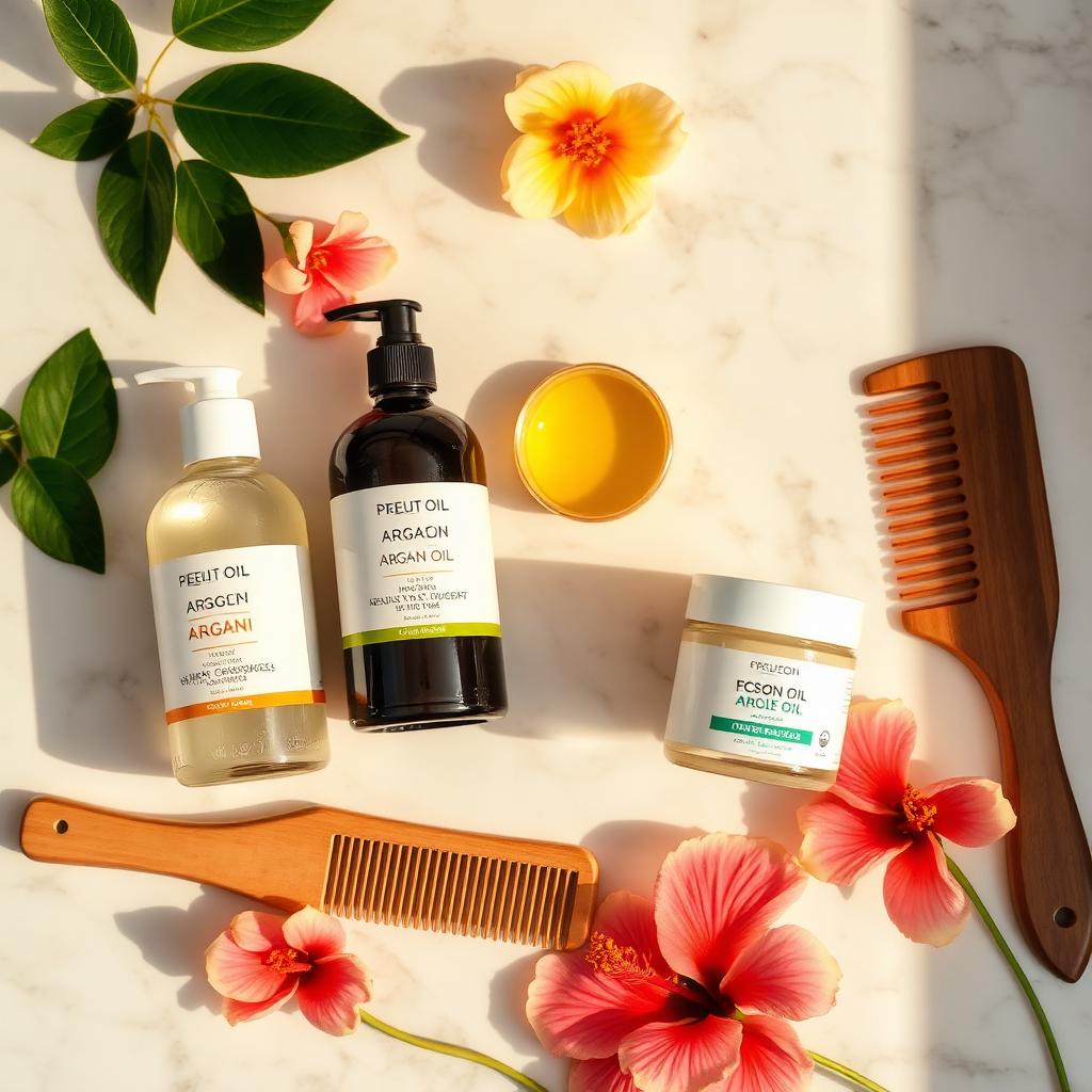 Natural hair care products, wooden comb and hibiscus flowers on marble