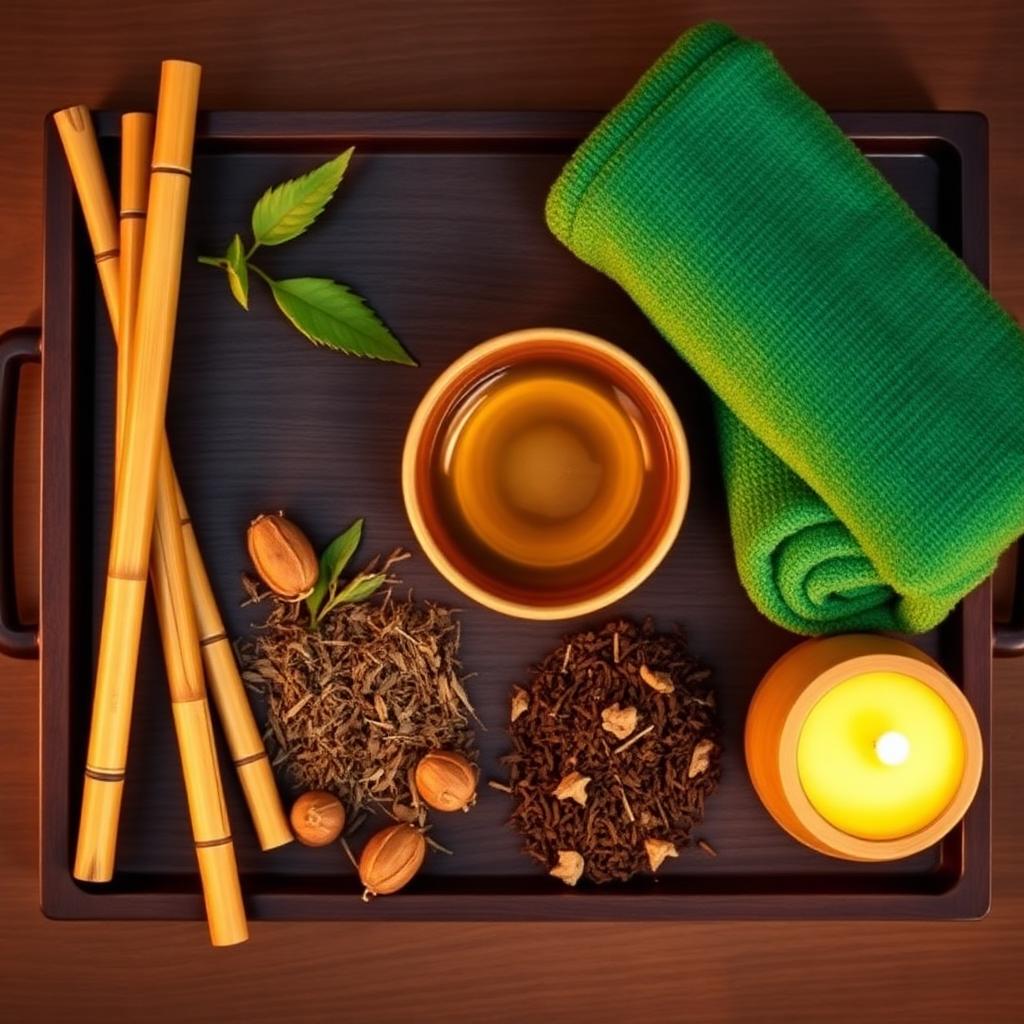 Bamboo massage sticks, warm oil bowl and emerald green towel on a wooden spa tray