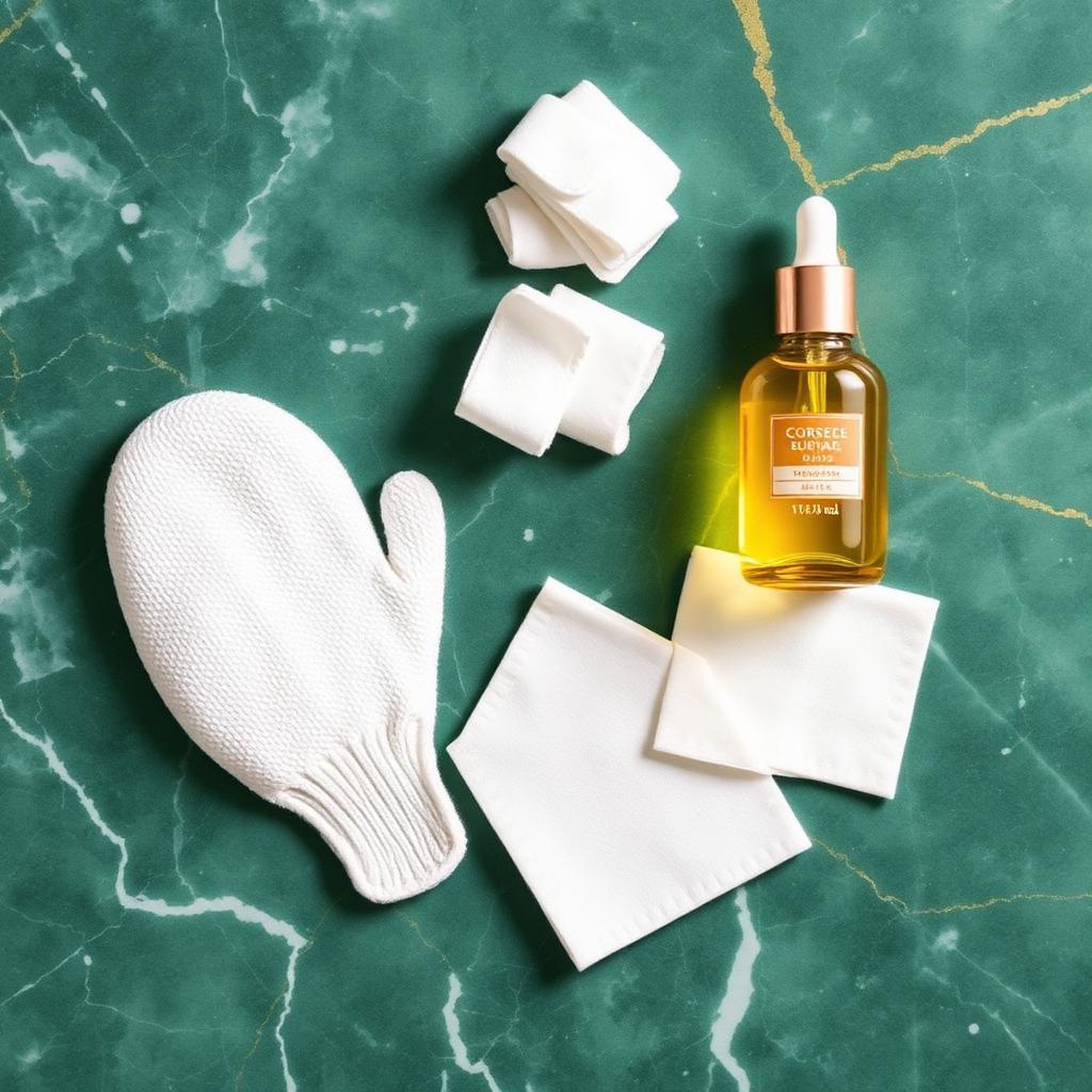 Flatlay of pre-waxing essentials: exfoliating mitt, soothing oil and cotton pads on emerald marble